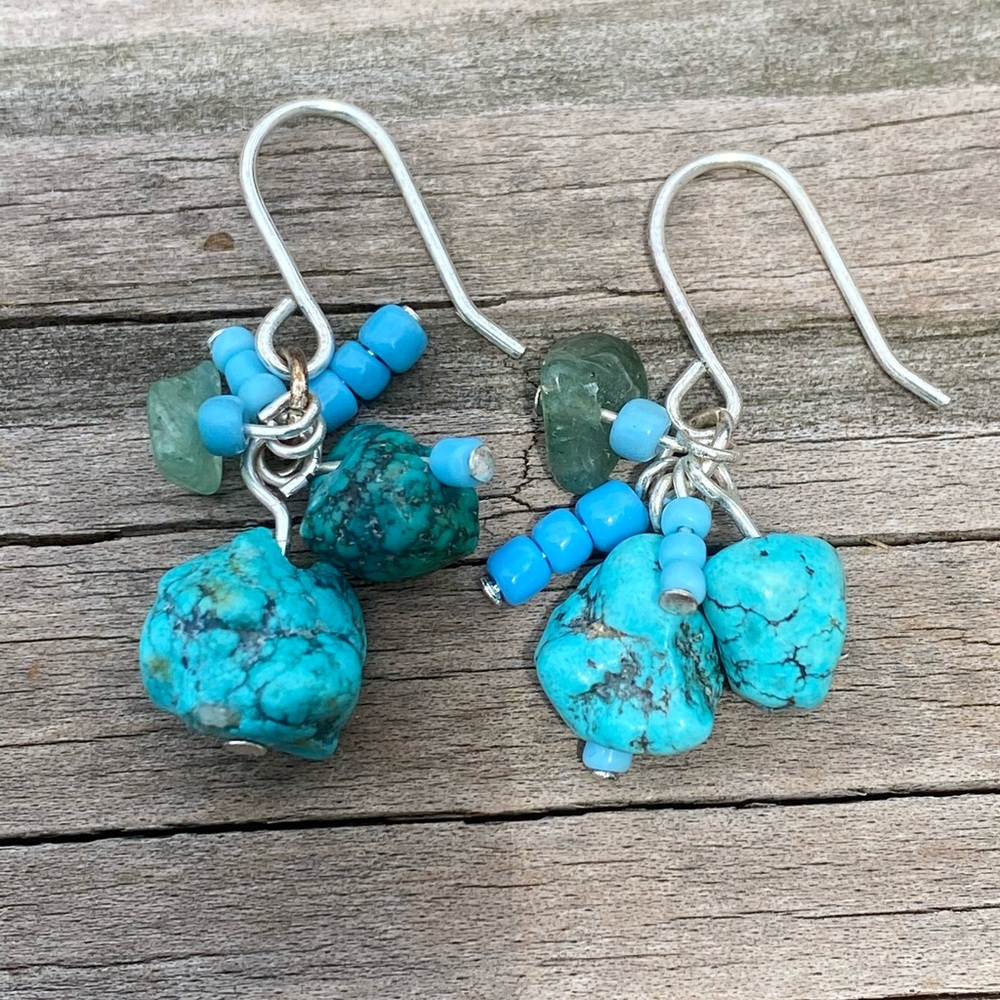 Genuine Turquoise and Aventurine cluster drop earrings